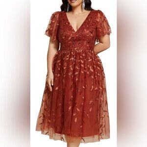 Ever Pretty Rust Midi Dress with Leaf Pattern